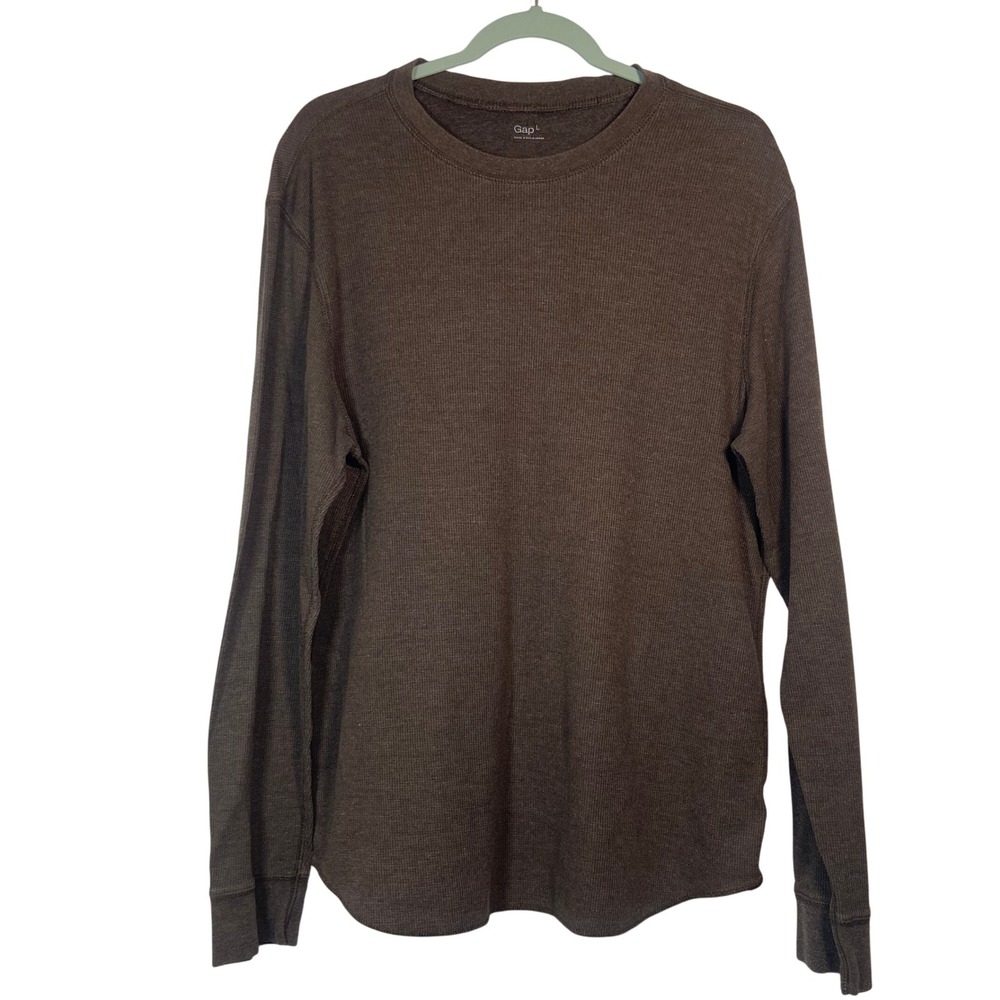 Gap Men's Long Sleeve Waffle‎ Knit Crew Neck Shirt Sz L Woodsy Brown Classic Tee - Picture 2 of 8